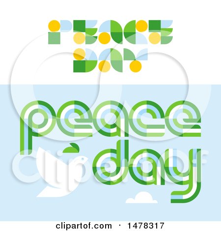Clipart of a Dove with an Olive Branch and Peace Text, over Sky, and Peace Day Text - Royalty Free Vector Illustration by elena