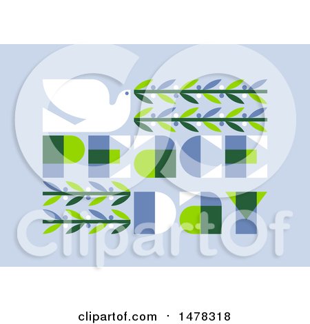 Clipart of a Dove with an Olive Branch and Peace Day Text, over Blue - Royalty Free Vector Illustration by elena