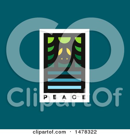 Clipart of a Forest and Lake Design over Peace Text on Teal - Royalty Free Vector Illustration by elena