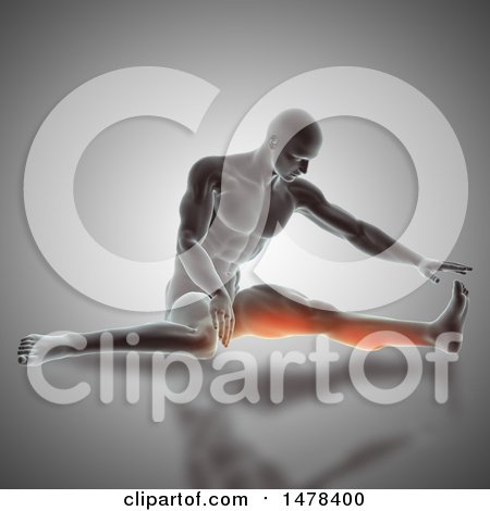 Clipart of a 3d Man Stretching, with Highlighted Leg Muscles, on Gray - Royalty Free Illustration by KJ Pargeter
