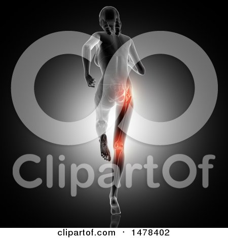 Clipart of a 3d Rear View of a Woman Running, with a Highlighted Hip and Knee - Royalty Free Illustration by KJ Pargeter