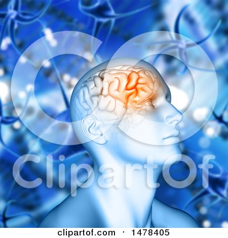 Clipart of a 3d Man with Visible Brain Over Dna Strands and Viruses - Royalty Free Illustration by KJ Pargeter