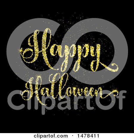 Clipart of a Golden Glitter Happy Halloween Design on Black - Royalty Free Vector Illustration by KJ Pargeter