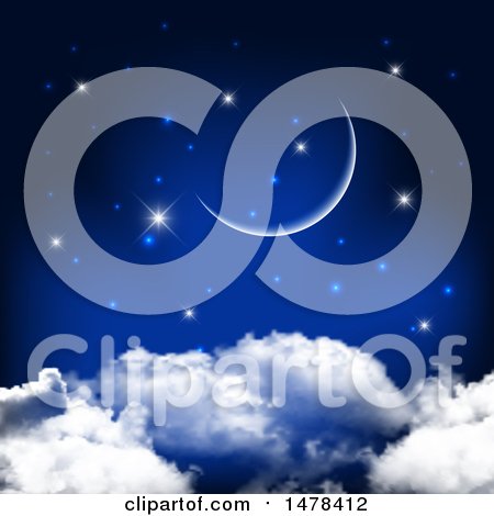 Clipart of a Crescent Moon and Stars over Clouds - Royalty Free Vector Illustration by KJ Pargeter