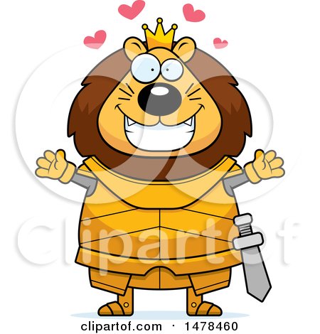 Clipart of a Chubby Lion Knight with Love Hearts and Open Arms - Royalty Free Vector Illustration by Cory Thoman