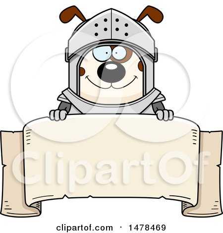Clipart of a Chubby Dog Knight over a Banner - Royalty Free Vector Illustration by Cory Thoman