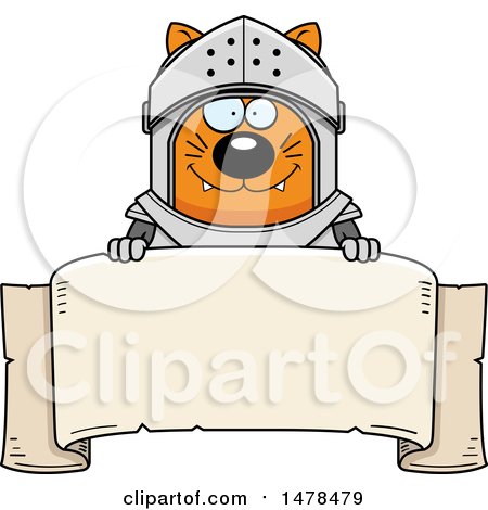 Clipart of a Chubby Cat Knight over a Banner - Royalty Free Vector Illustration by Cory Thoman