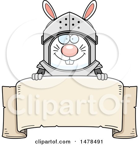 Clipart of a Chubby Rabbit Knight over a Banner - Royalty Free Vector Illustration by Cory Thoman