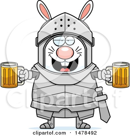 Clipart of a Chubby Rabbit Knight Holding Beers - Royalty Free Vector Illustration by Cory Thoman