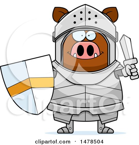 Clipart of a Chubby Boar Knight Holding a Shield and Sword - Royalty Free Vector Illustration by Cory Thoman