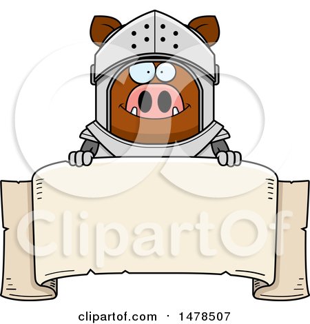Clipart of a Chubby Boar Knight over a Banner - Royalty Free Vector Illustration by Cory Thoman