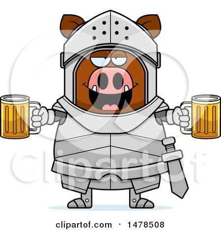 Clipart of a Chubby Boar Knight Holding Beers - Royalty Free Vector Illustration by Cory Thoman