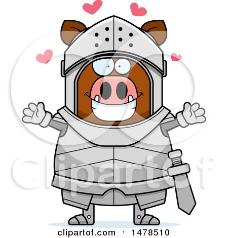 Clipart of a Chubby Boar Knight with Love Hearts and Open Arms - Royalty Free Vector Illustration by Cory Thoman