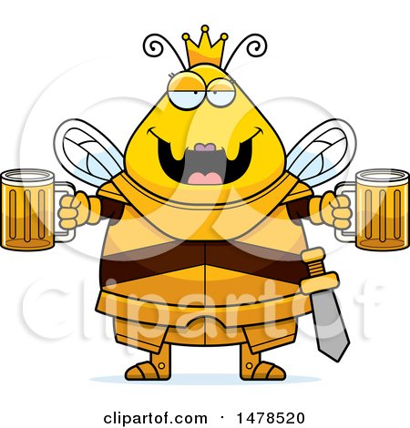 Clipart of a Chubby Queen Bee in Armor Holding Beers - Royalty Free Vector Illustration by Cory Thoman