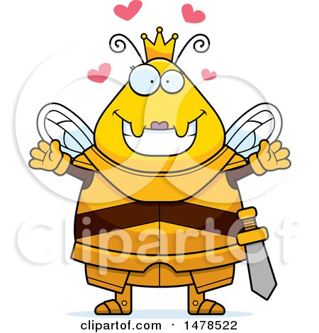 Clipart of a Chubby Queen Bee in Armor with Love Hearts and Open Arms - Royalty Free Vector Illustration by Cory Thoman