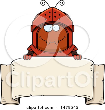 Clipart of a Chubby Ant Knight over a Banner - Royalty Free Vector Illustration by Cory Thoman
