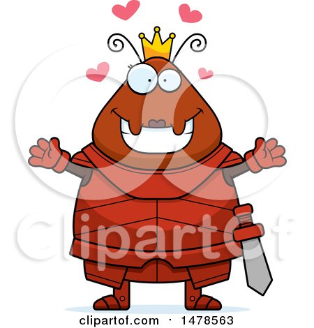 Clipart of a Chubby Queen Ant in Armor with Love Hearts and Open Arms - Royalty Free Vector Illustration by Cory Thoman