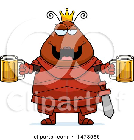 Clipart of a Chubby Queen Ant in Armor Holding Beers - Royalty Free Vector Illustration by Cory Thoman