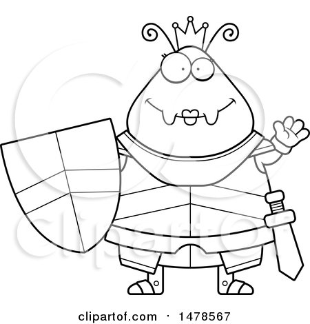 Clipart of a Chubby Lineart Queen Ant in Armor Waving - Royalty Free Vector Illustration by Cory Thoman