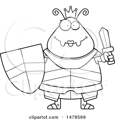 Clipart of a Chubby Lineart Queen Ant in Armor Holding a Sword - Royalty Free Vector Illustration by Cory Thoman