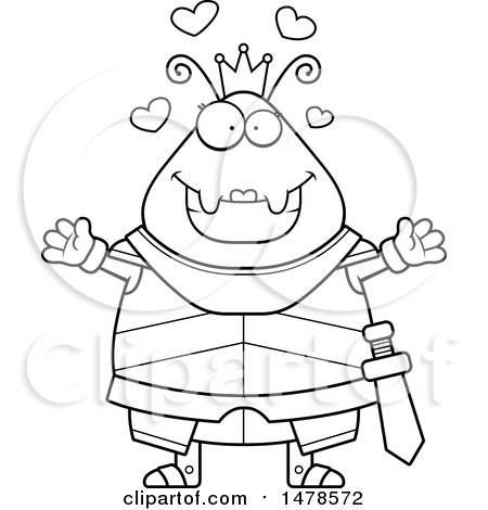 Clipart of a Chubby Lineart Queen Ant in Armor with Love Hearts and Open Arms - Royalty Free Vector Illustration by Cory Thoman