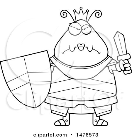 Clipart of a Chubby Lineart Mad Queen Ant in Armor - Royalty Free Vector Illustration by Cory Thoman