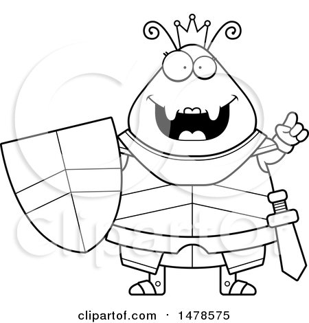 Clipart of a Chubby Lineart Queen Ant in Armor with an Idea - Royalty Free Vector Illustration by Cory Thoman