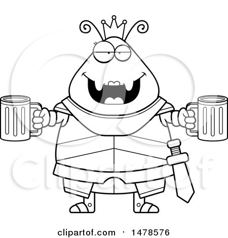 Clipart of a Chubby Lineart Queen Ant in Armor Holding Beers - Royalty Free Vector Illustration by Cory Thoman