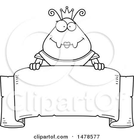 Clipart of a Chubby Lineart Queen Ant in Armor over a Banner - Royalty Free Vector Illustration by Cory Thoman