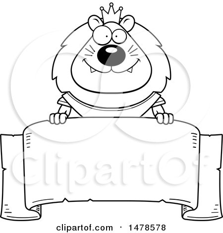 Clipart of a Chubby Lineart Lion Knight over a Banner - Royalty Free Vector Illustration by Cory Thoman
