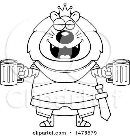 Clipart of a Chubby Lineart Lion Knight Holding Beers - Royalty Free Vector Illustration by Cory Thoman