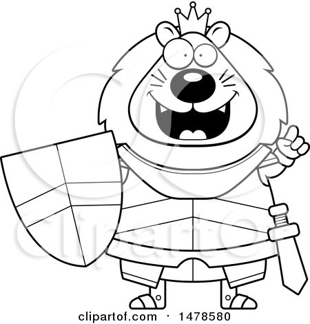 Clipart of a Chubby Lineart Lion Knight with an Idea - Royalty Free Vector Illustration by Cory Thoman