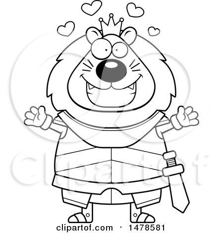Clipart of a Chubby Lineart Lion Knight with Love Hearts and Open Arms - Royalty Free Vector Illustration by Cory Thoman