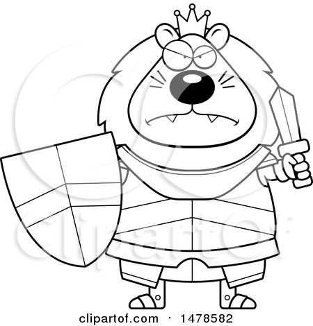Clipart of a Chubby Lineart Mad Lion Knight - Royalty Free Vector Illustration by Cory Thoman