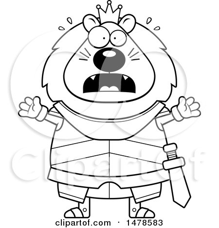 Clipart of a Chubby Lineart Scared Lion Knight - Royalty Free Vector Illustration by Cory Thoman
