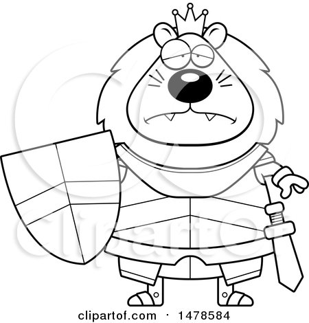 Clipart of a Chubby Lineart Sad Lion Knight - Royalty Free Vector Illustration by Cory Thoman