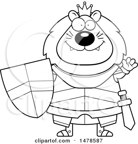 Clipart of a Chubby Lineart Lion Knight Waving - Royalty Free Vector Illustration by Cory Thoman