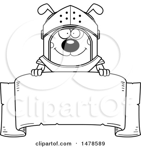 Clipart of a Chubby Lineart Dog Knight over a Banner - Royalty Free Vector Illustration by Cory Thoman