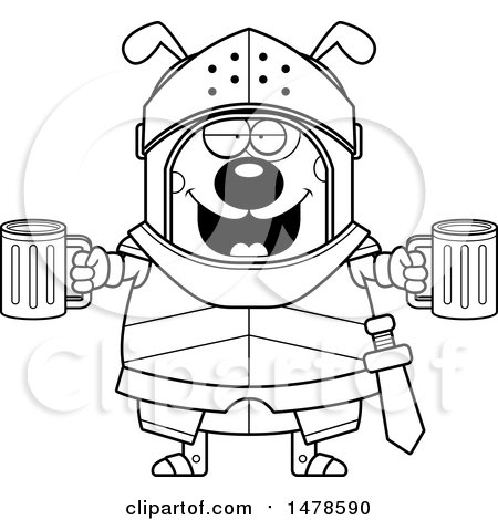 Clipart of a Chubby Lineart Dog Knight Holding Beers - Royalty Free Vector Illustration by Cory Thoman