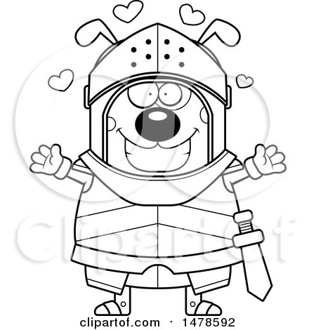 Clipart of a Chubby Lineart Dog Knight with Love Hearts and Open Arms - Royalty Free Vector Illustration by Cory Thoman