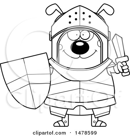 Clipart of a Chubby Lineart Dog Knight Holding a Sword and Shield - Royalty Free Vector Illustration by Cory Thoman