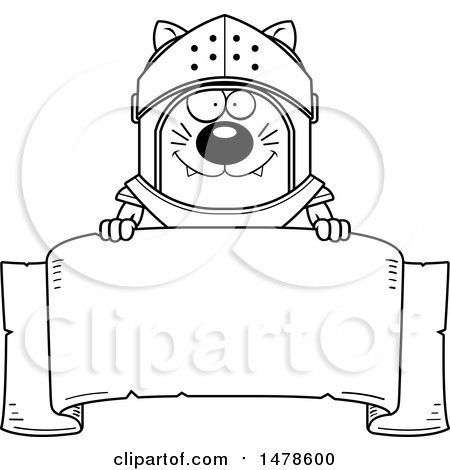 Clipart of a Chubby Lineart Cat Knight over a Banner - Royalty Free Vector Illustration by Cory Thoman