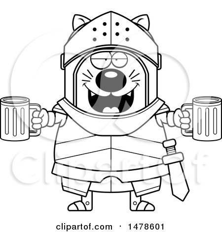 Clipart of a Chubby Lineart Cat Knight Holding Beers - Royalty Free Vector Illustration by Cory Thoman