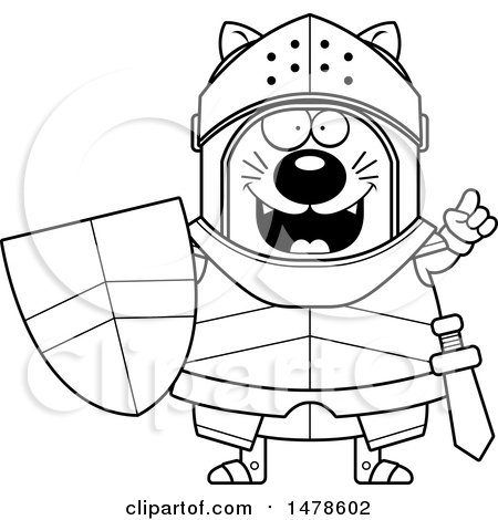 Clipart of a Chubby Lineart Cat Knight with an Idea - Royalty Free Vector Illustration by Cory Thoman