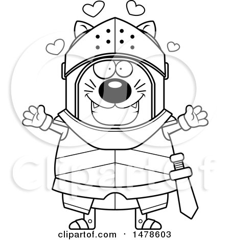 Clipart of a Chubby Lineart Cat Knight with Love Hearts and Open Arms - Royalty Free Vector Illustration by Cory Thoman