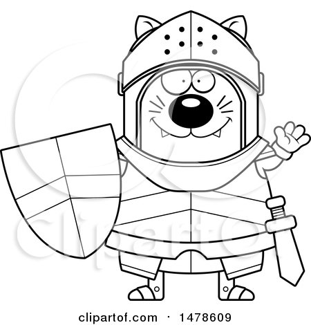 Clipart of a Chubby Lineart Cat Knight Waving - Royalty Free Vector Illustration by Cory Thoman