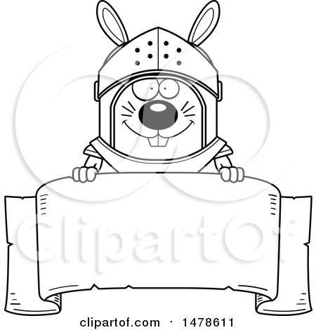Clipart of a Chubby Outline  Rabbit Knight over a Banner - Royalty Free Vector Illustration by Cory Thoman