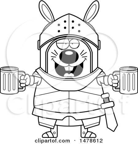 Clipart of a Chubby Outline  Rabbit Knight Holding Beers - Royalty Free Vector Illustration by Cory Thoman