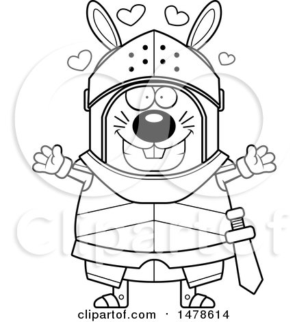 Clipart of a Chubby Outline  Rabbit Knight with Love Hearts and Open Arms - Royalty Free Vector Illustration by Cory Thoman