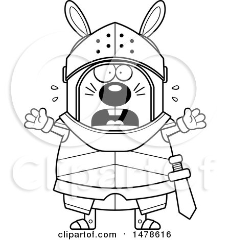 Clipart of a Chubby Outline  Scared Rabbit Knight - Royalty Free Vector Illustration by Cory Thoman